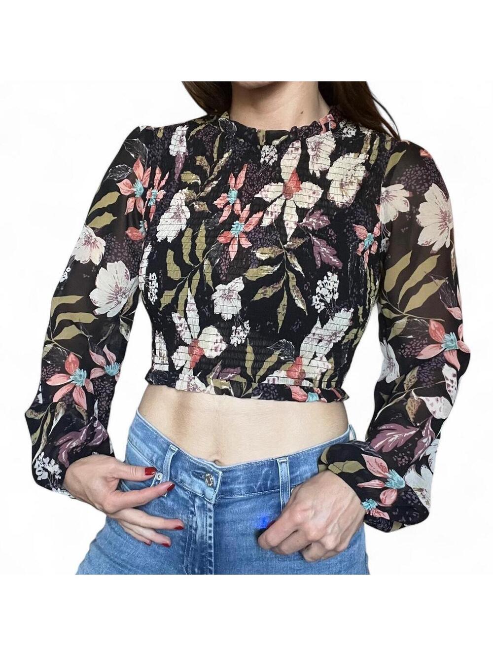 Lyn Burch Floral Long Sleeve Crop Top Size Small